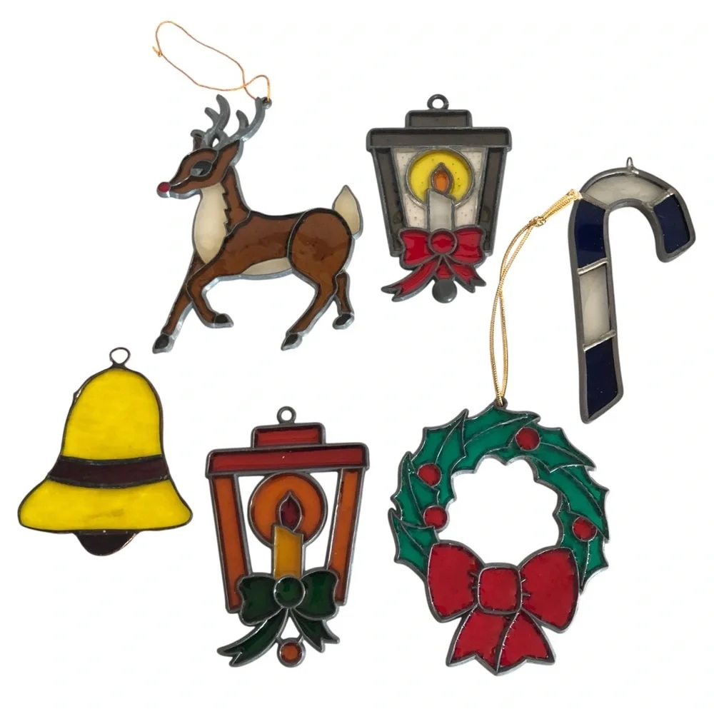 VINTAGE 80s 90s Lot of 6 Stained Glass Style Suncatcher Christmas Ornaments